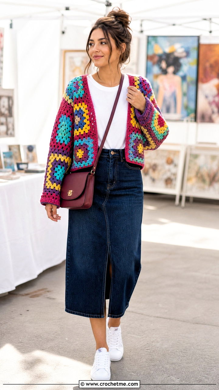 Granny Square Crochet Shrug With Denim Midi Skirt - 35 crochet shrugs outfit ideas