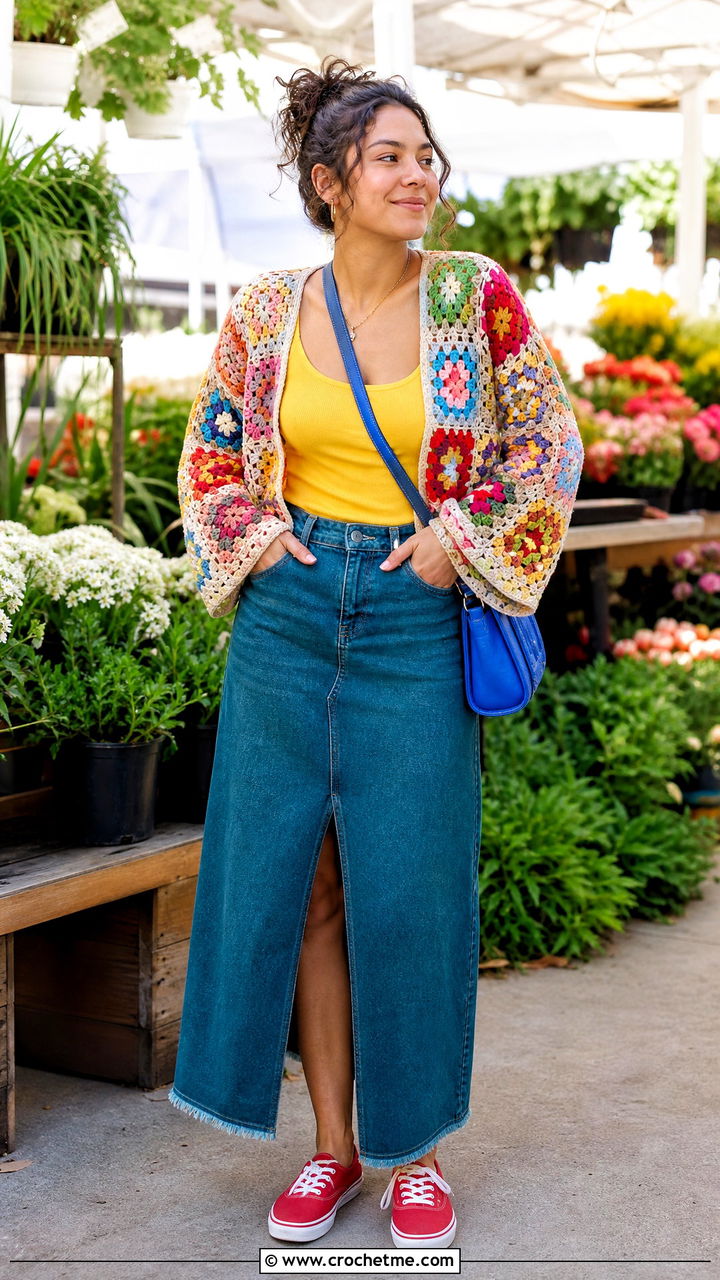 Granny Square Crochet Shrug With Denim Skirt - 35 crochet shrug outfit ideas