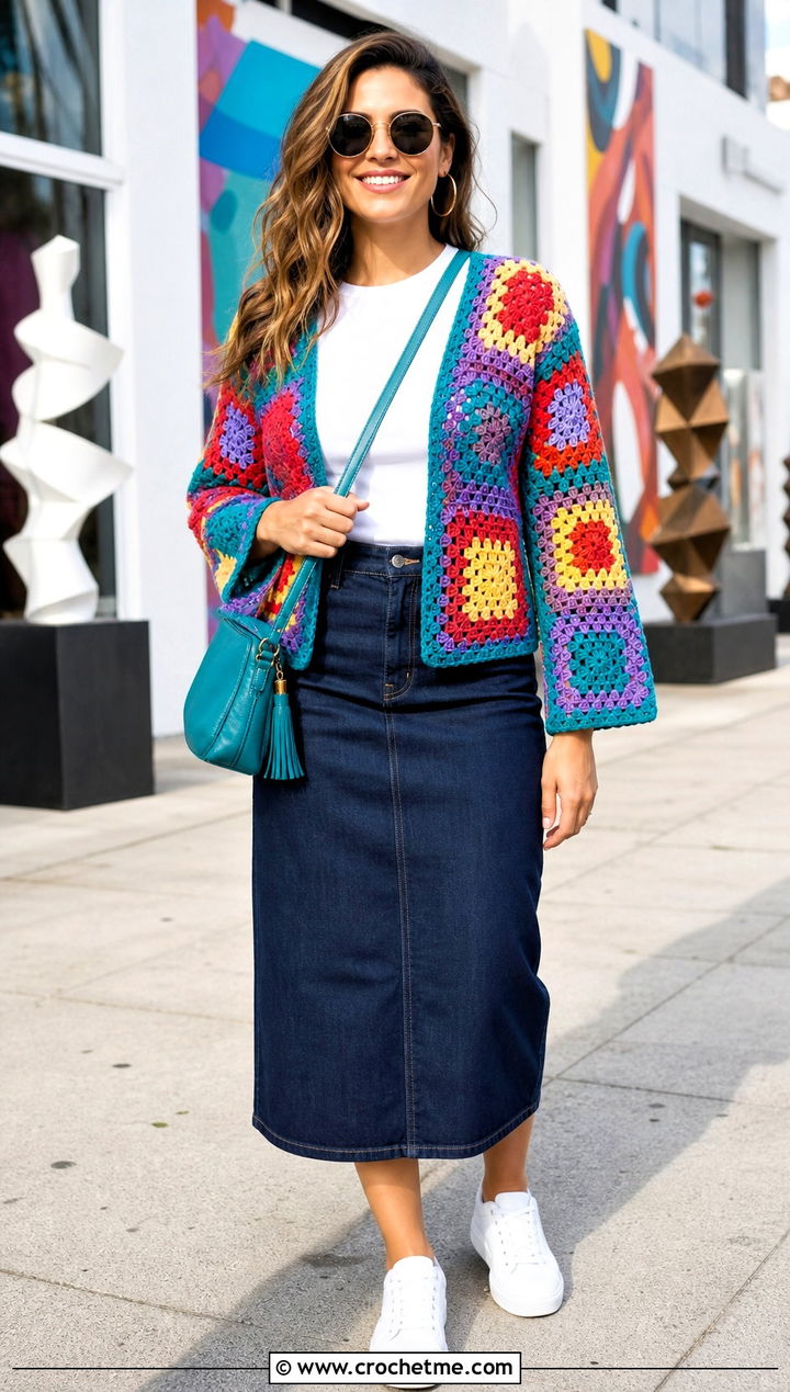 Granny Square Crochet Shrug With Denim Skirt - 35 crocheted shrug outfit ideas