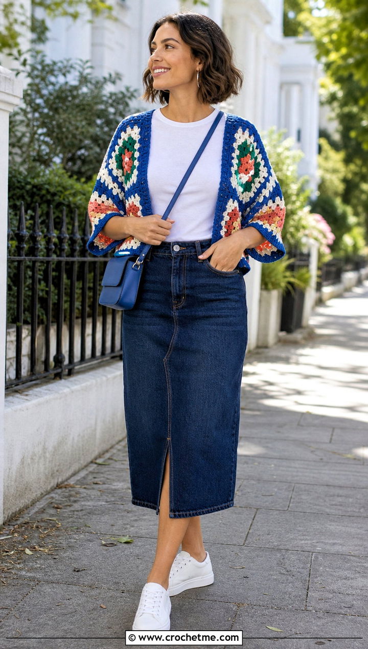 Granny Square Crochet Shrug With Denim Skirt - 25 cute crochet shrug outfit ideas