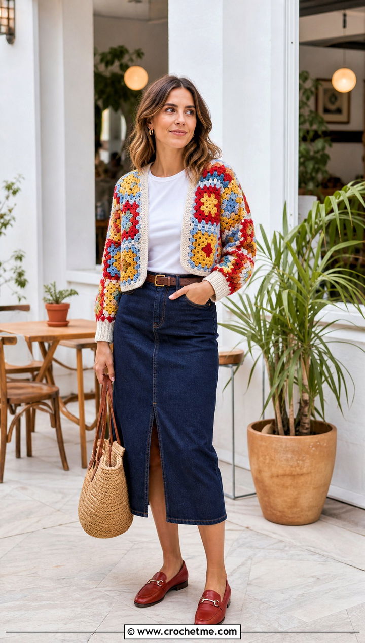 Granny Square Crochet Shrug With Denim Skirt - 30 crochet shrug for women outfit ideas
