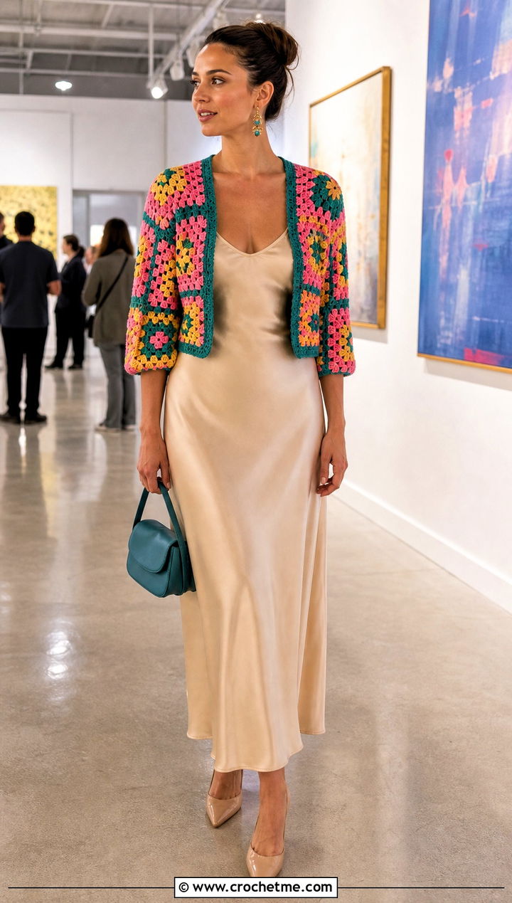 Granny Square Crochet Shrug With Satin Slip Dress - 15 Long Sleeved Crochet Shrug outfit ideas