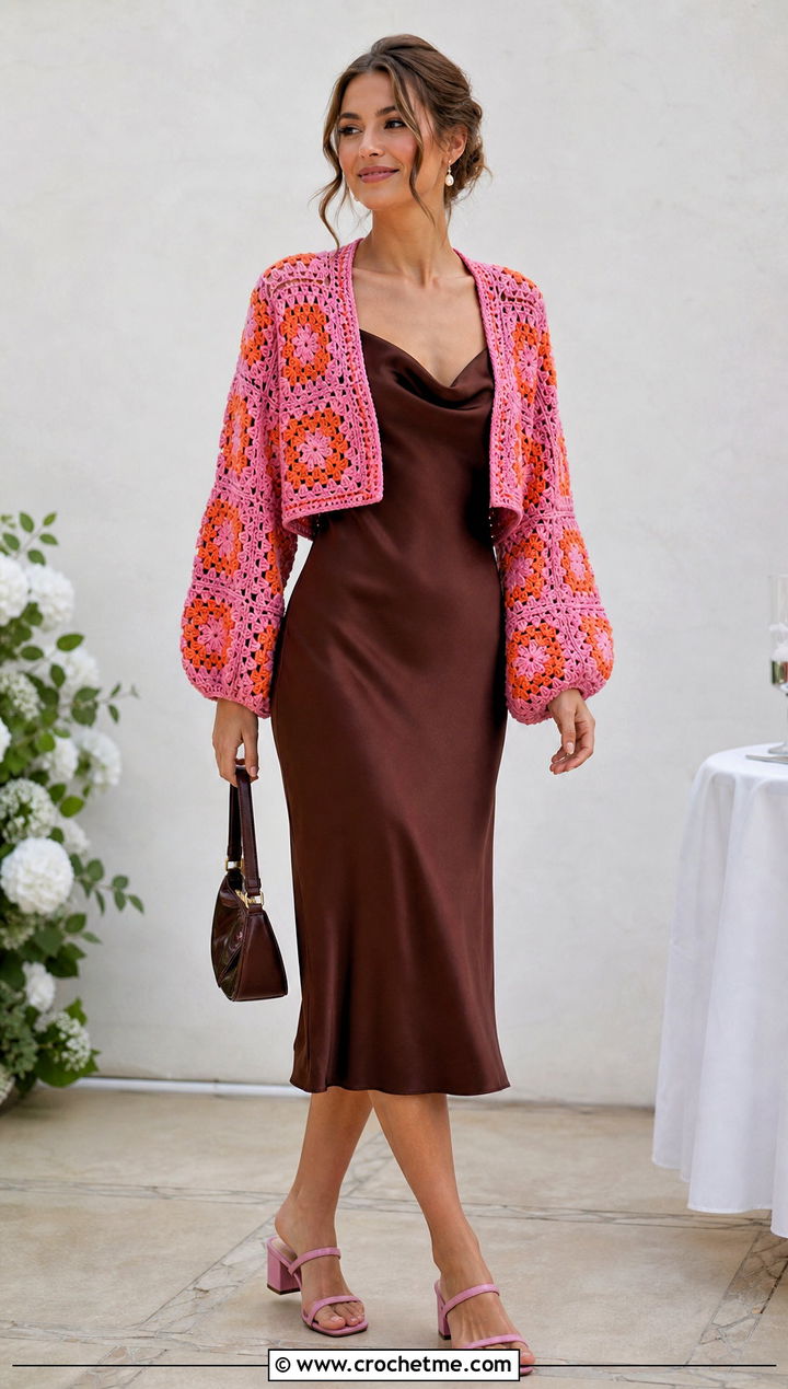 Granny Square Crochet Shrug With Slip Dress - 30 crochet sweater sleeves outfit ideas