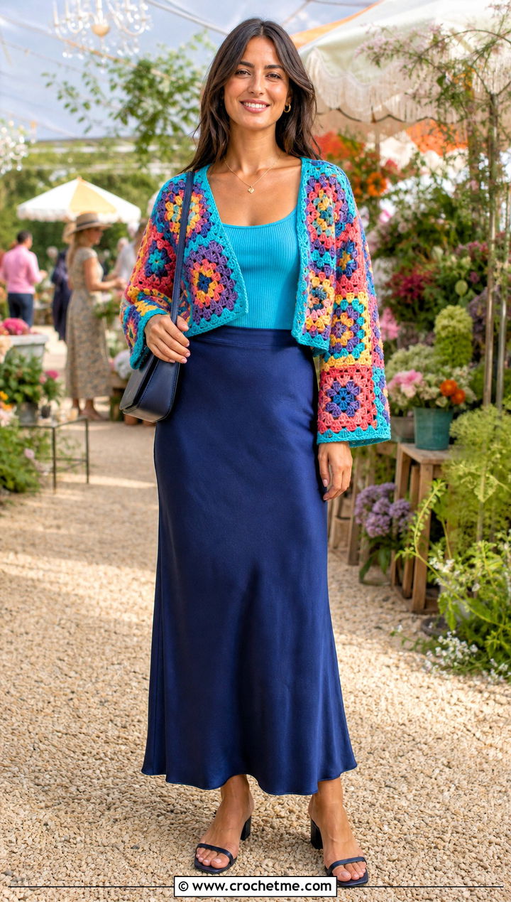 Granny Square Crochet Shrug With Slip Skirt - 20 Super Cropped Crochet Sweater outfit ideas