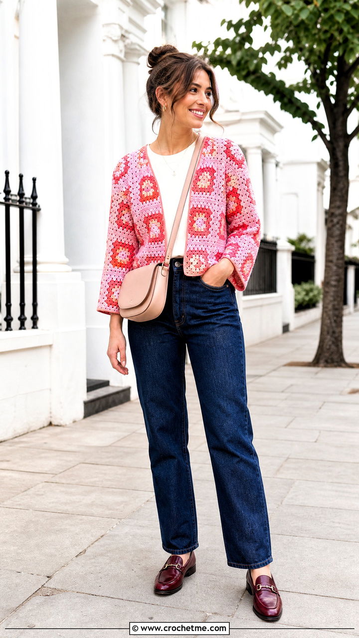 Granny Square Crochet Shrug With Straight Leg Jeans - 35 easy crochet shrug outfit ideas