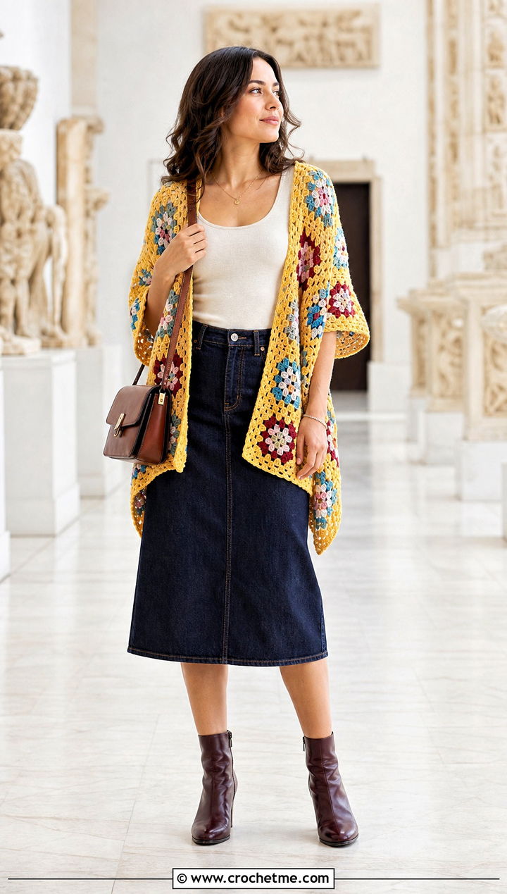 Granny Square Crochet Shrug Wrap With Denim Skirt - 25 crochet shrug wrap outfit ideas