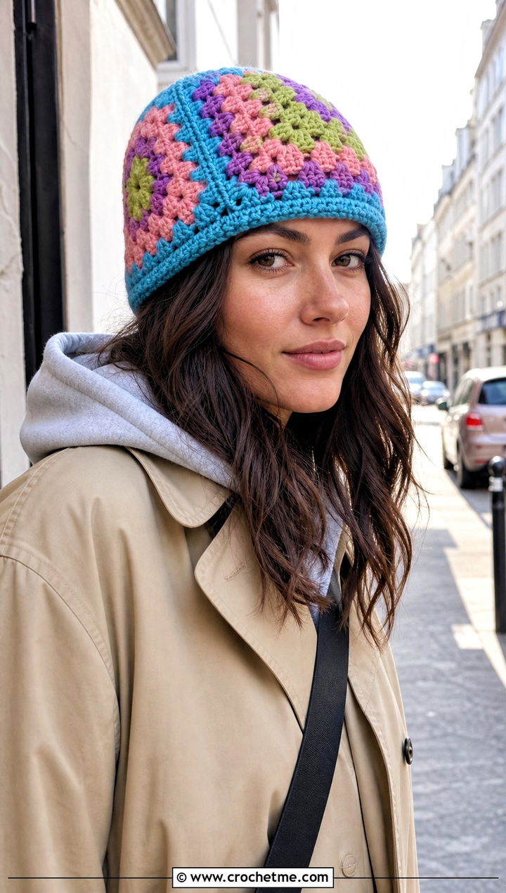 Granny Square Crochet Ski Hat With Trench Coat And Hoodie - 30 crochet ski hat outfit ideas
