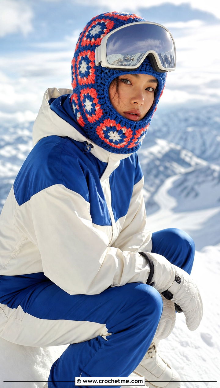 Granny Square Crochet Ski Helmet Balaclava With Color Block Snowsuit - 15 crochet ski helmet balaclava outfit ideas