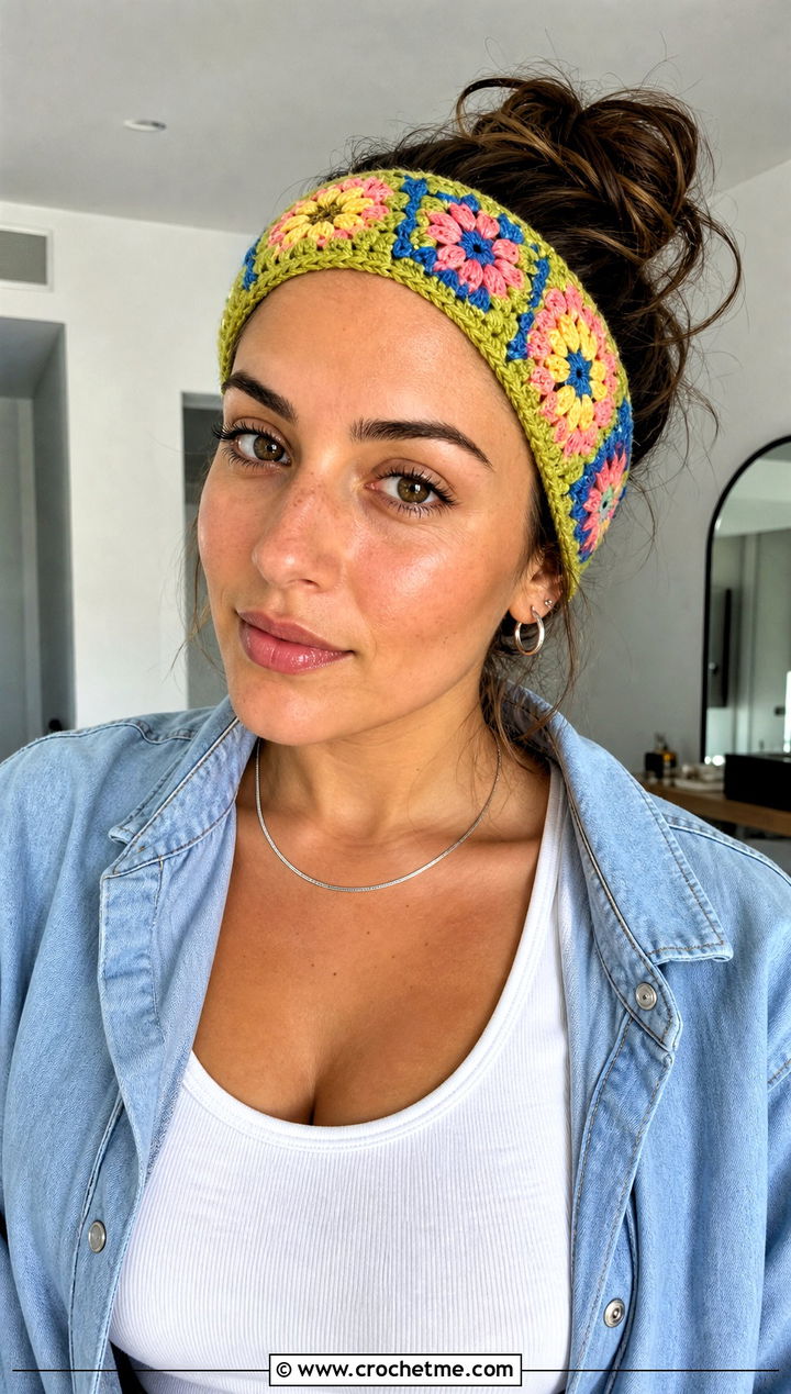 Granny Square Crochet Skincare Headband With Denim Shirt - 15 Crochet Skincare Headband outfit ideas
