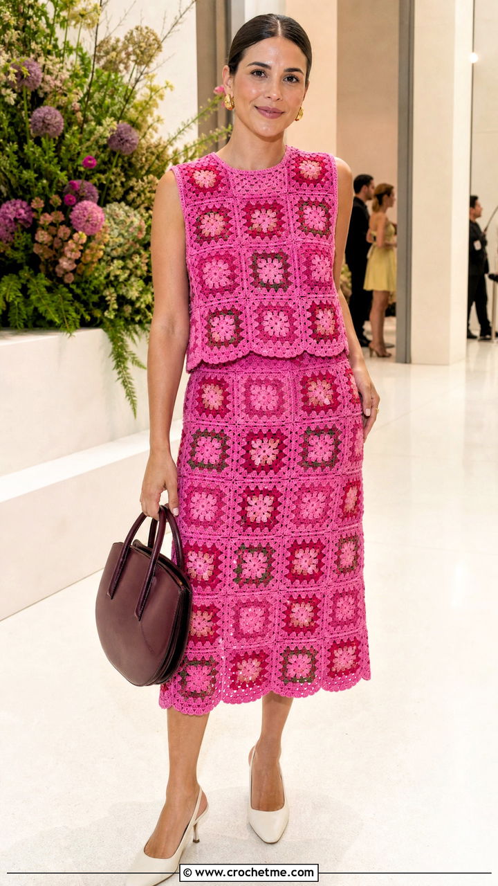 Granny Square Crochet Skirt Set With Slingback Heels - 35 granny square crochet clothes and outfit ideas