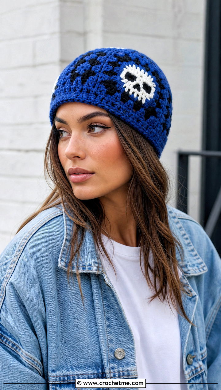Granny Square Crochet Skull Beanie With Denim Jacket - 30 crochet skull beanie outfit ideas