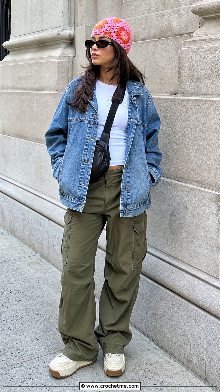 Granny Square Crochet Skull Cap With Denim Jacket And Cargo Pants - 35 crochet skull cap outfit ideas