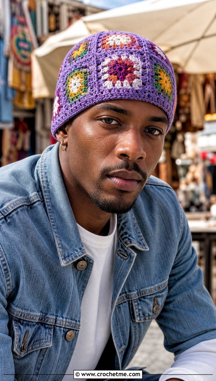 Granny Square Crochet Skull Cap With Denim Jacket And Cargos - 25 Mens Crochet Skull Cap outfit ideas
