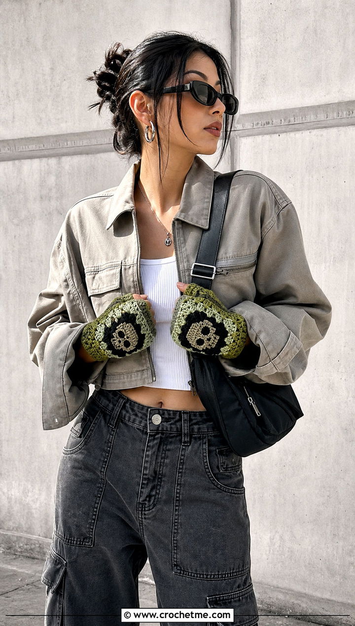 Granny Square Crochet Skull Gloves With Cargo Pants - 15 Crochet Skull Gloves outfit ideas