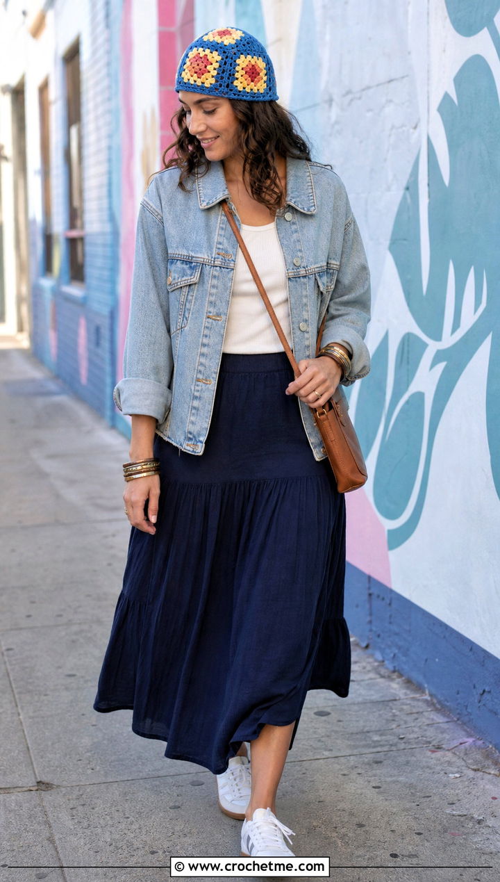 Granny Square Crochet Skullcap With Denim Jacket And Skirt - 35 crochet tiny hat outfit ideas
