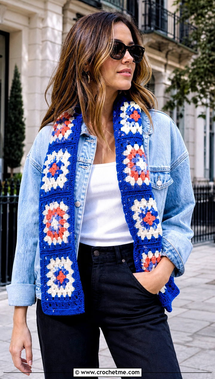 Granny Square Crochet Sleeve Scarf With Denim Jacket - 30 crochet sleeve scarf outfit ideas