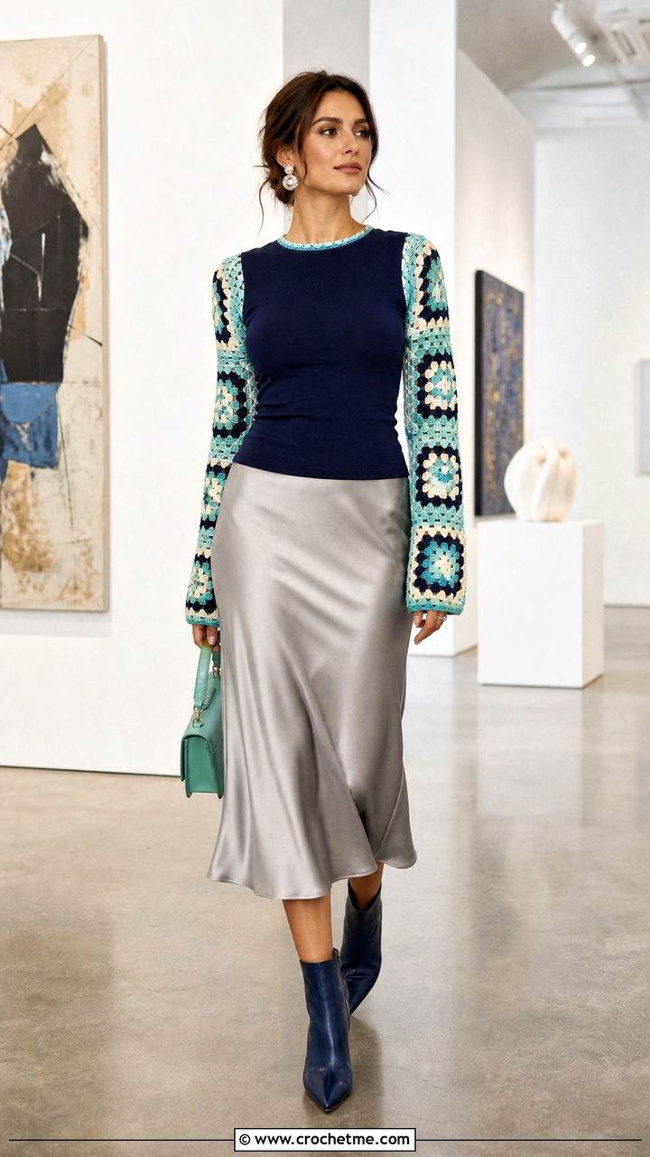 Granny Square Crochet Sleeve Top With Satin Slip Skirt - 35 granny square crochet clothes and outfit ideas