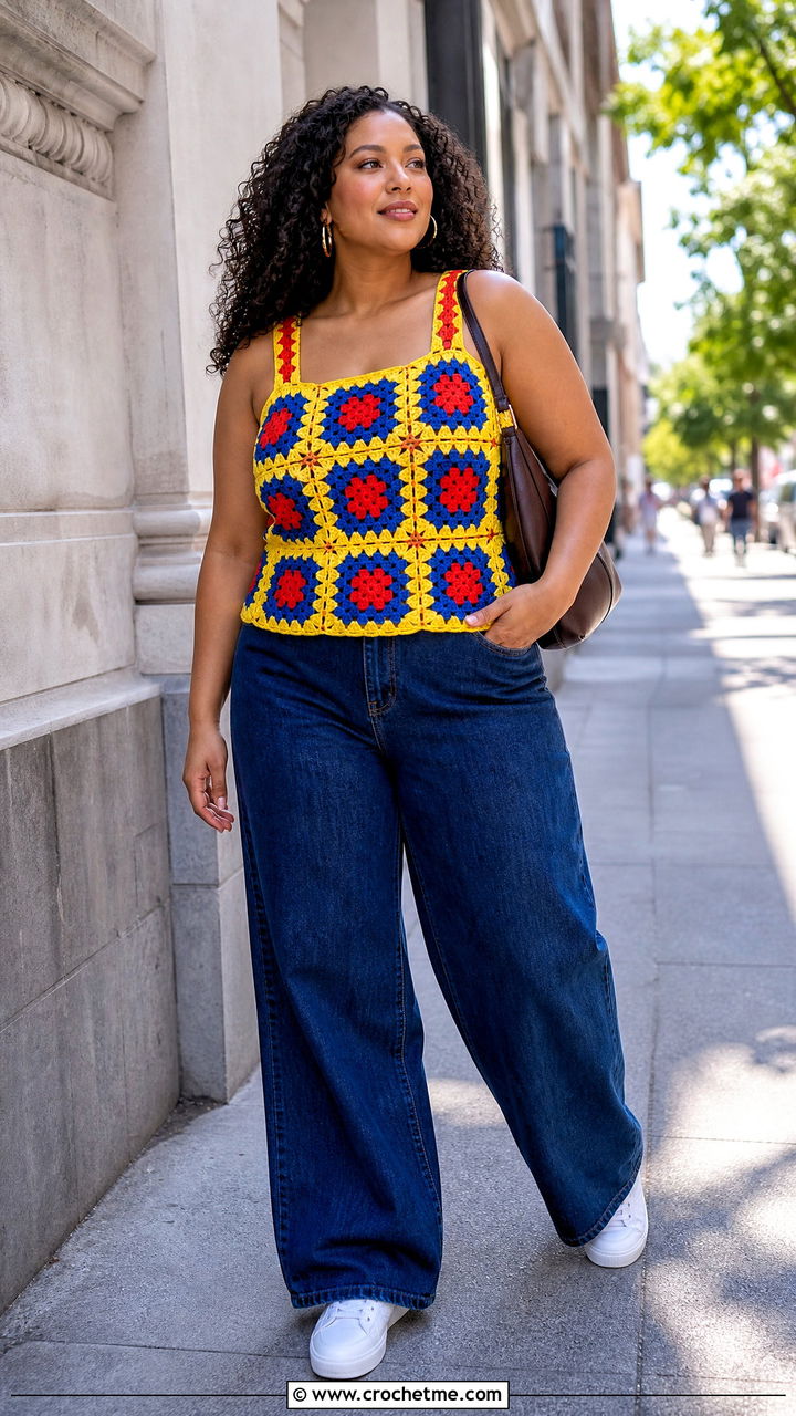 Granny Square Crochet Sleeveless Top With Wide Leg Jeans - 35 crochet sleeveless top outfit ideas