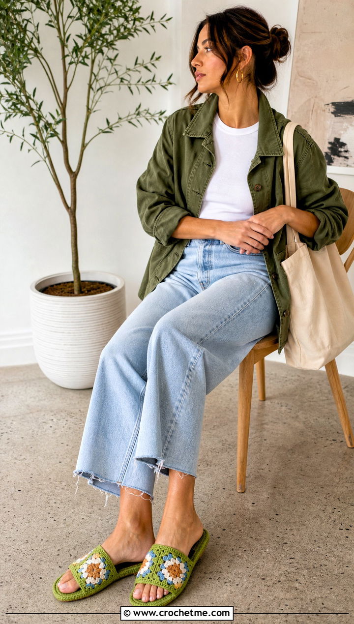 Granny Square Crochet Slides With Wide Leg Jeans - 15 Women's Crochet Slippers outfit ideas
