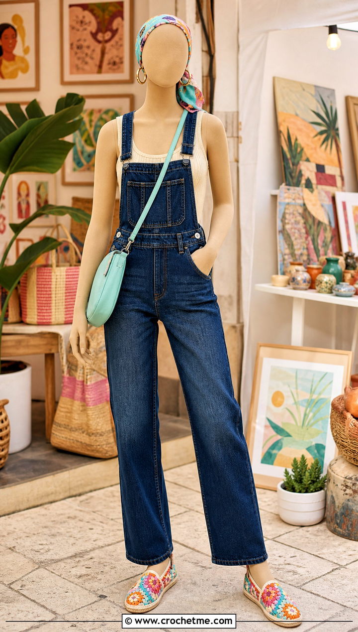 Granny Square Crochet Slip Ons With Denim Overalls - 15 crochet slip-on shoes on mannequin outfit ideas