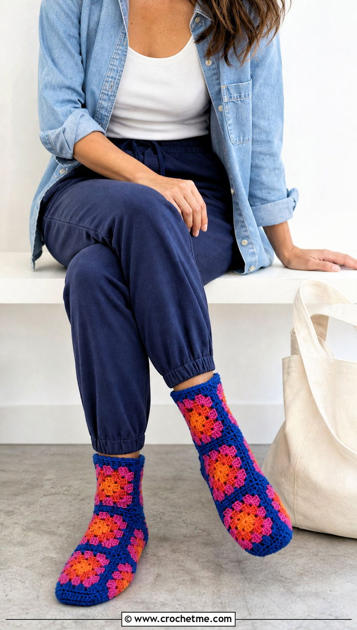 Granny Square Crochet Slipper Socks With Denim Shirt - 25 Crochet Slipper Socks outfit ideas