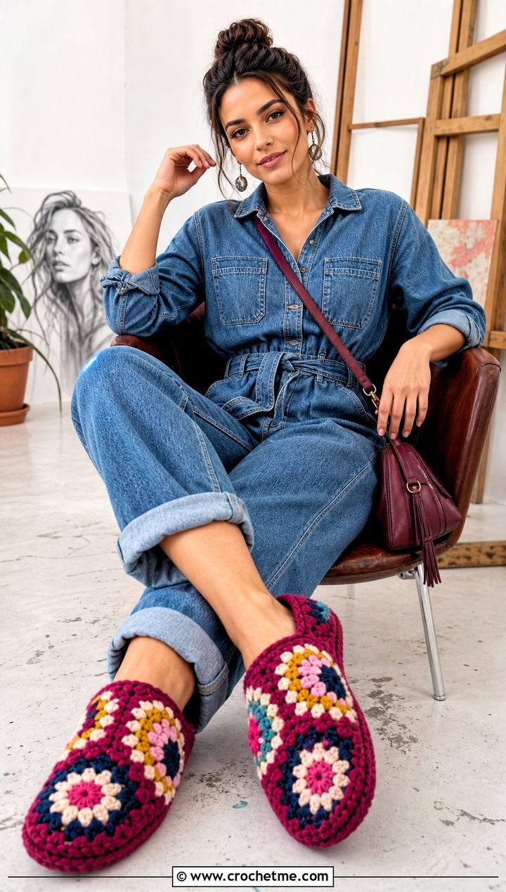 Granny Square Crochet Slippers With A Denim Jumpsuit - 15 easy flat crochet slippers outfit ideas