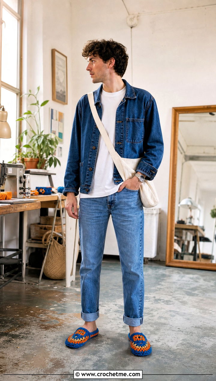 Granny Square Crochet Slippers With Denim Jacket and White Tee - 35 mens crochet slippers outfit ideas