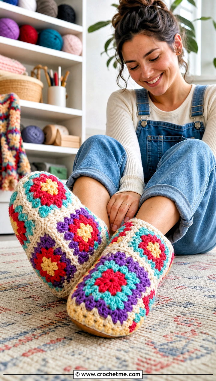 Granny Square Crochet Slippers With Denim Overalls - 25 crochet winter slippers outfit ideas