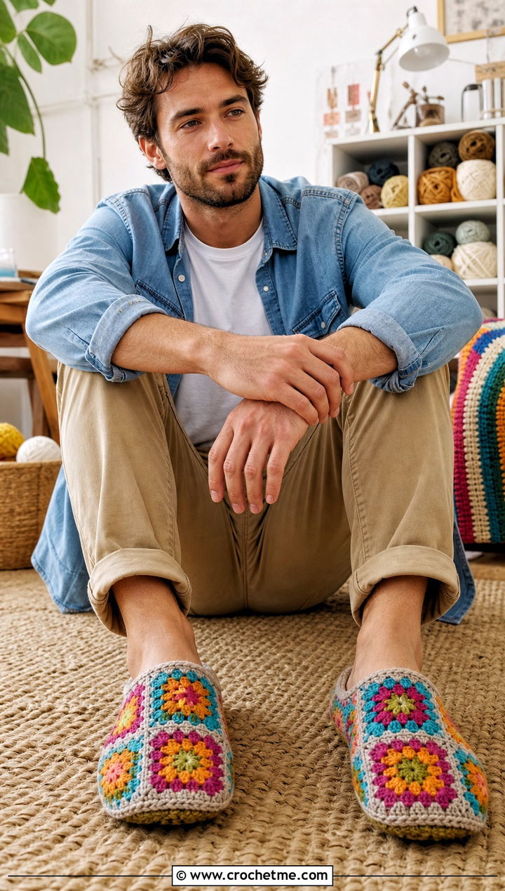 Granny Square Crochet Slippers With Denim Shirt And Khakis - 30 easy mens crochet slippers outfit ideas