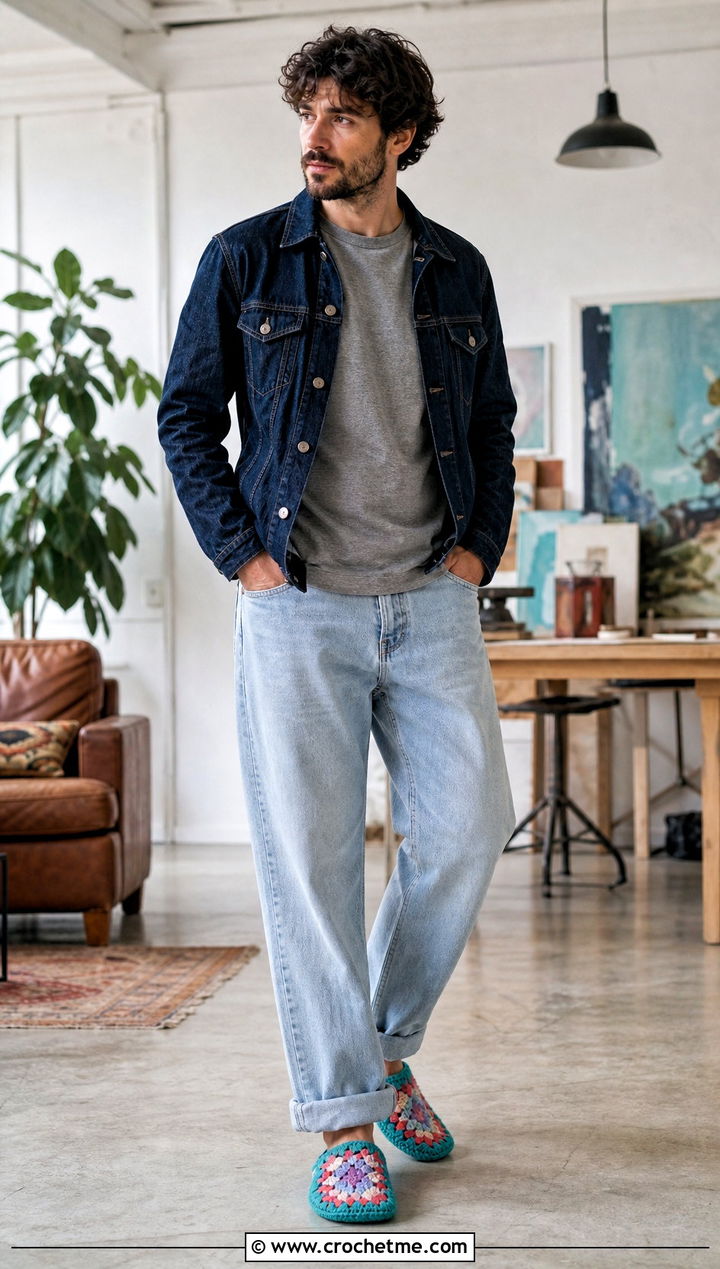 Granny Square Crochet Slippers With Denim - 25 crochet slippers for men outfit ideas