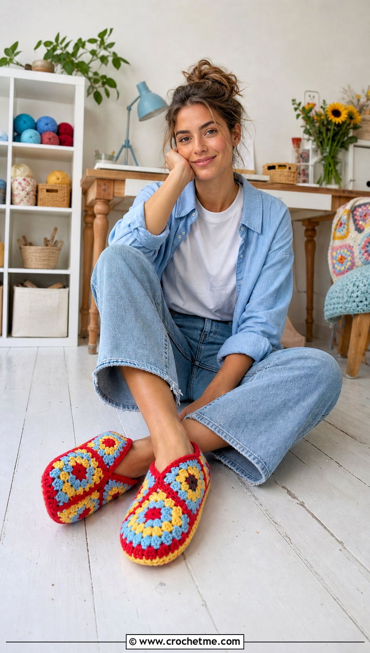 Granny Square Crochet Slippers With Jeans And T Shirt - 25 Easy Crochet Slippers For Beginners outfit ideas