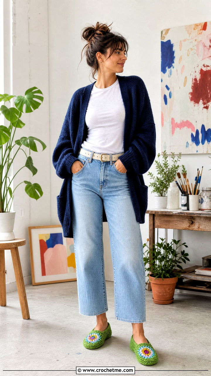 Granny Square Crochet Slippers With Jeans and a Cardigan - 35 easy crochet slippers adult outfit ideas