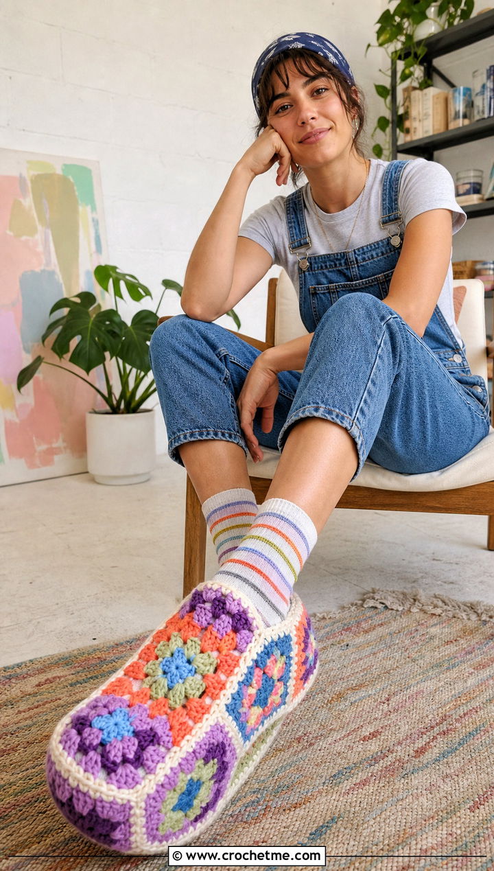 Granny Square Crochet Slippers With Overalls And T Shirt - 25 Quick And Easy Crochet Slippers outfit ideas