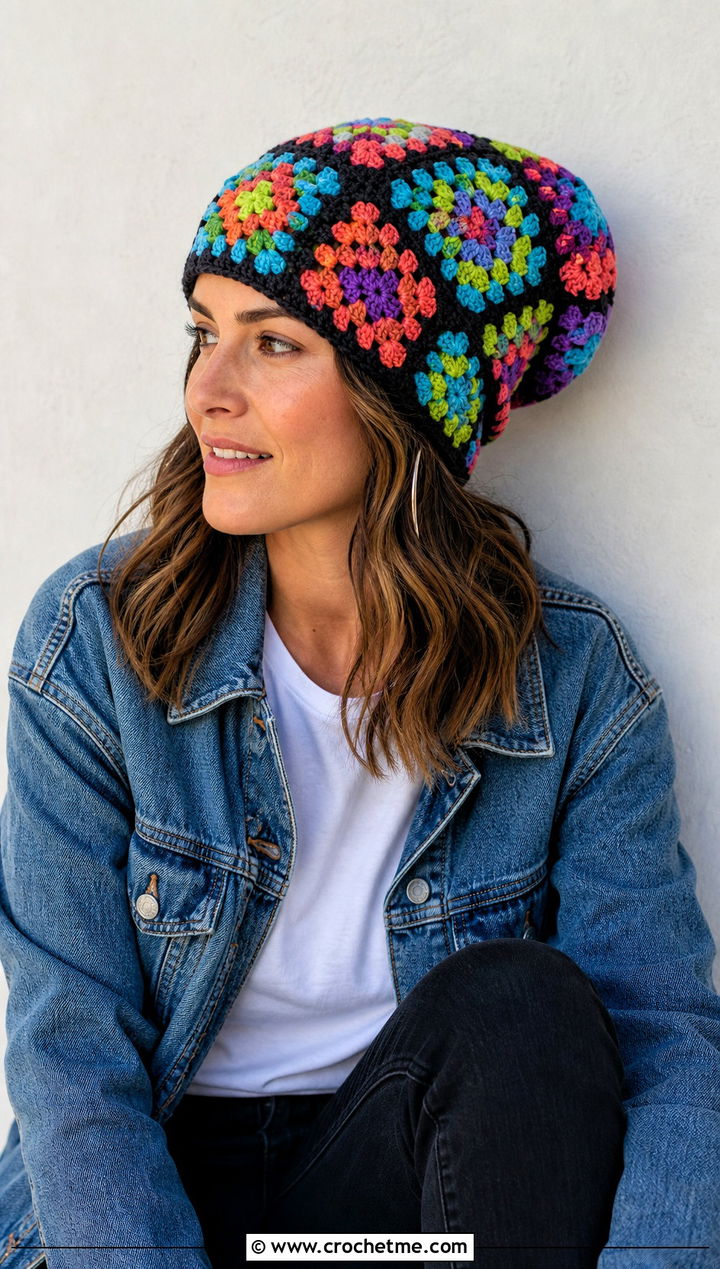 Granny Square Crochet Slouch Beanie With Denim Jacket - 35 crochet slouch beanie outfit ideas