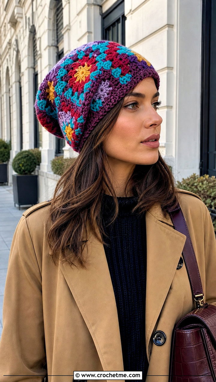 Granny Square Crochet Slouch Hat With Trench Coat And Jeans - 25 easy crochet slouch hat outfit ideas