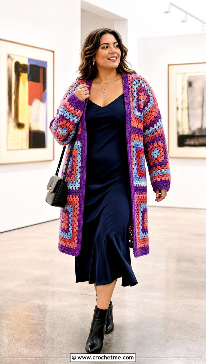 Granny Square Crochet Slouchy Cardigan With Slip Dress - 20 Crochet Slouchy Cardigan outfit ideas