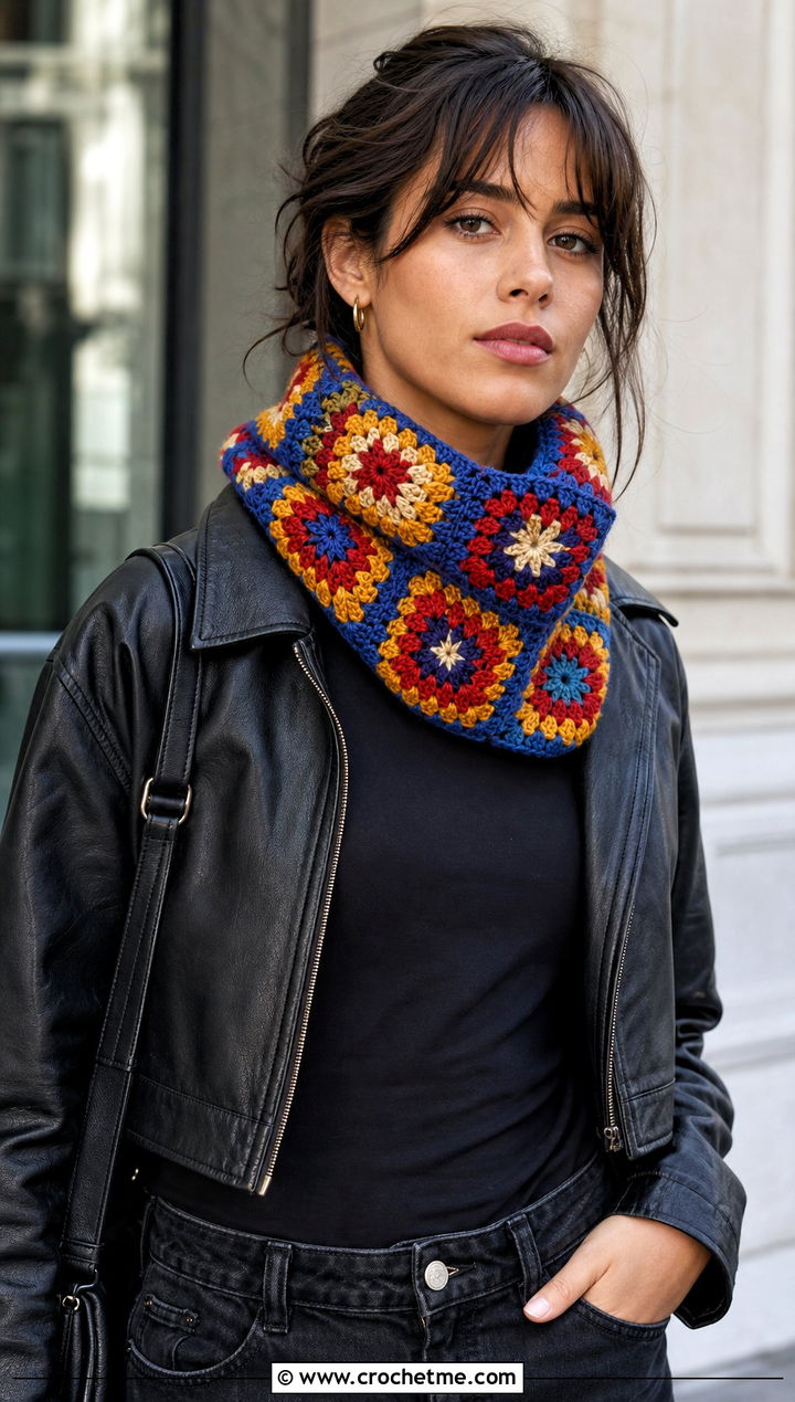 Granny Square Crochet Snood Scarf With Leather Jacket - 25 snood crochet scarf outfit ideas