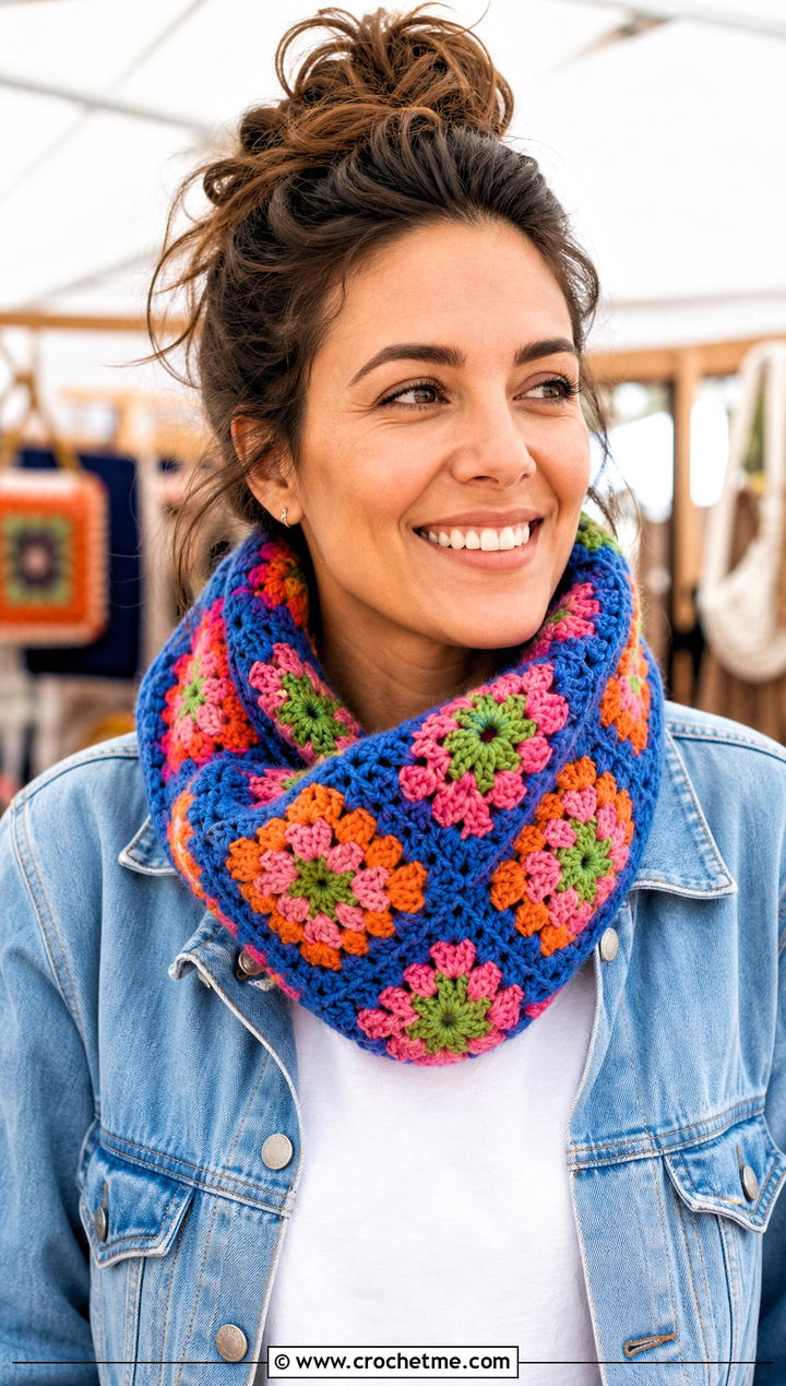 Granny Square Crochet Snood Scarf With a Denim Jacket - 25 crochet snood scarf outfit ideas