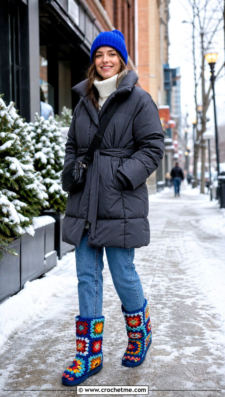 Granny Square Crochet Snow Boots With Straight Leg Jeans - 15 colorful crochet winter boots outfit ideas