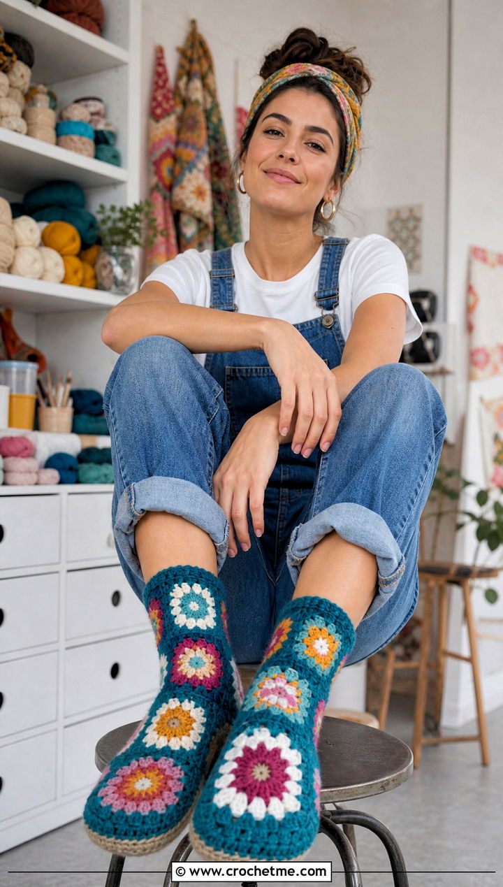Granny Square Crochet Sock Slippers With Denim Overalls - 25 crochet sock slippers outfit ideas