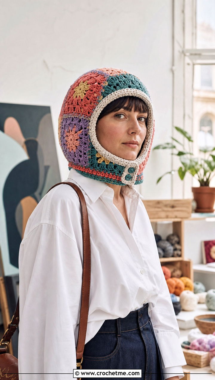Granny Square Crochet Space Helmet With White Shirt And Denim Skirt - 15 Crochet Astronaut Hat outfit ideas
