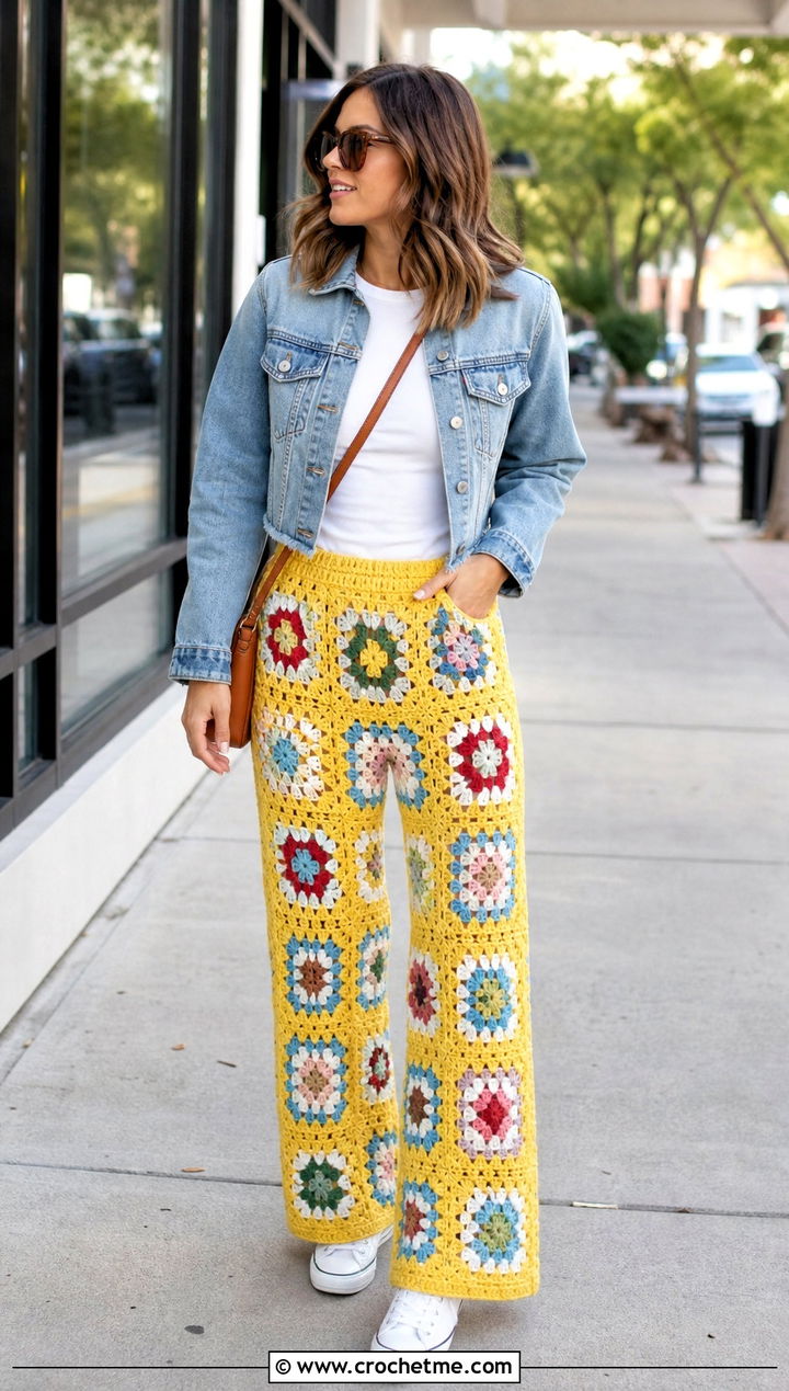 Granny Square Crochet Stacked Pants With Denim Jacket - 25 Crochet Stacked Pants outfit ideas