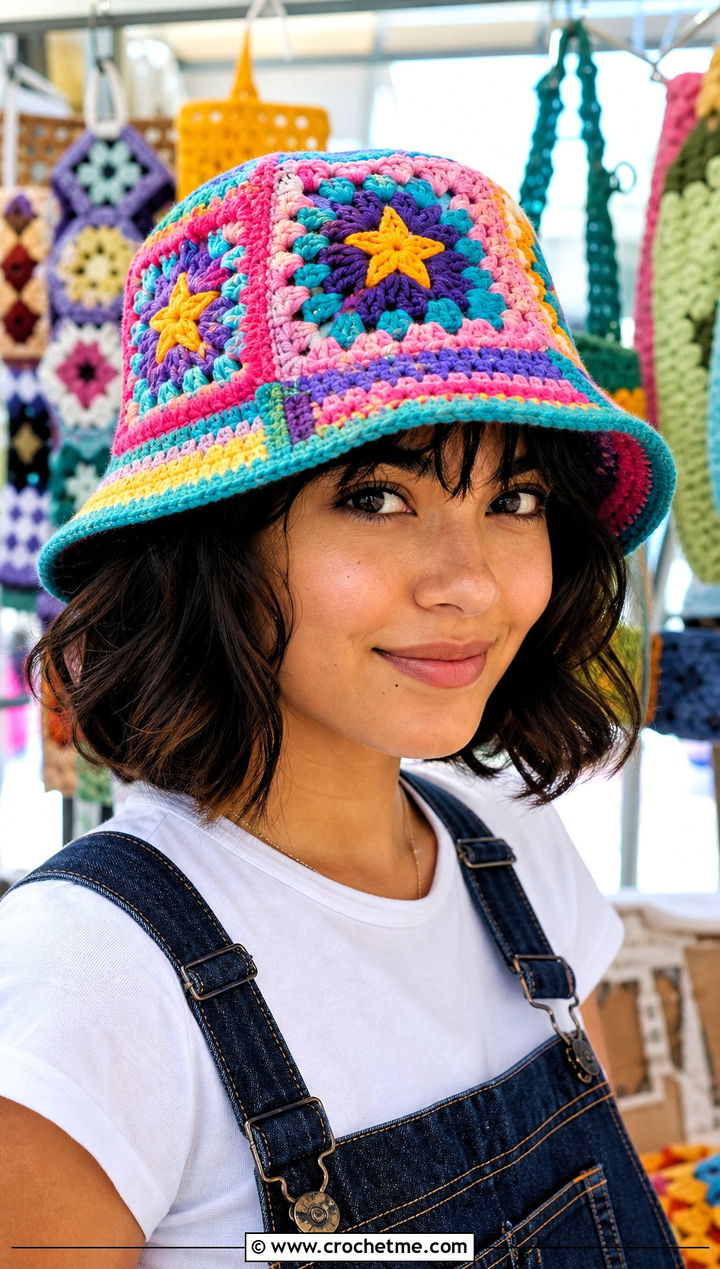 Granny Square Crochet Star Bucket Hat With Overalls - 25 crochet star hat outfit ideas