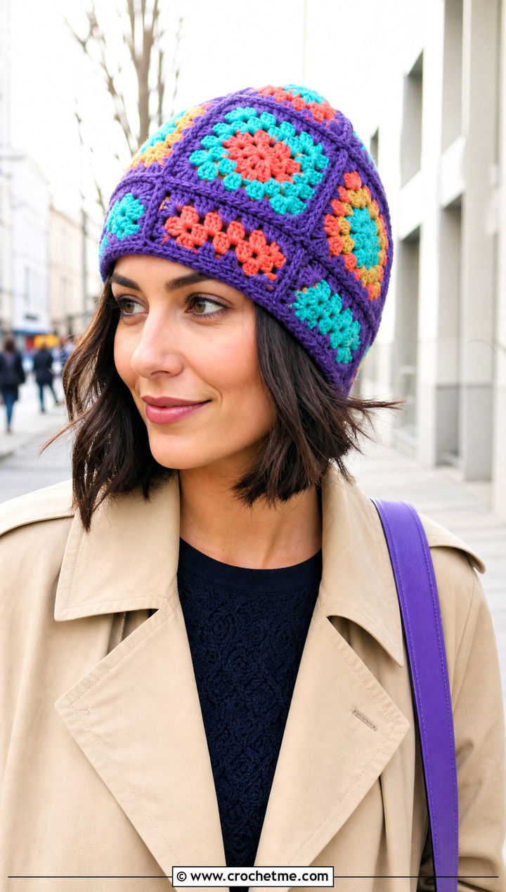 Granny Square Crochet Stocking Cap With Trench Coat - 30 crochet stocking cap outfit ideas