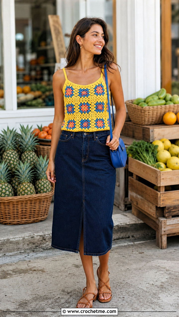 Granny Square Crochet Strappy Top With Denim Skirt - 15 crochet strappy top outfit ideas