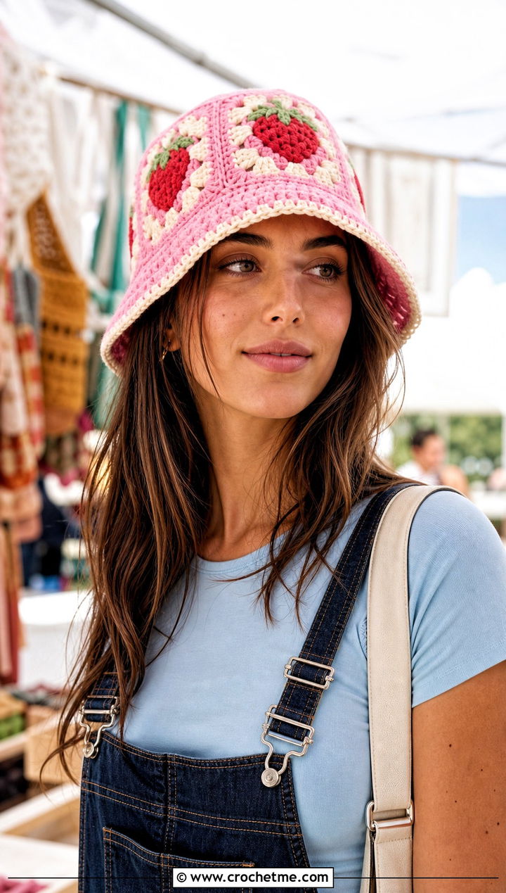 Granny Square Crochet Strawberry Bucket Hat With Overalls - 30 crochet strawberry hat outfit ideas