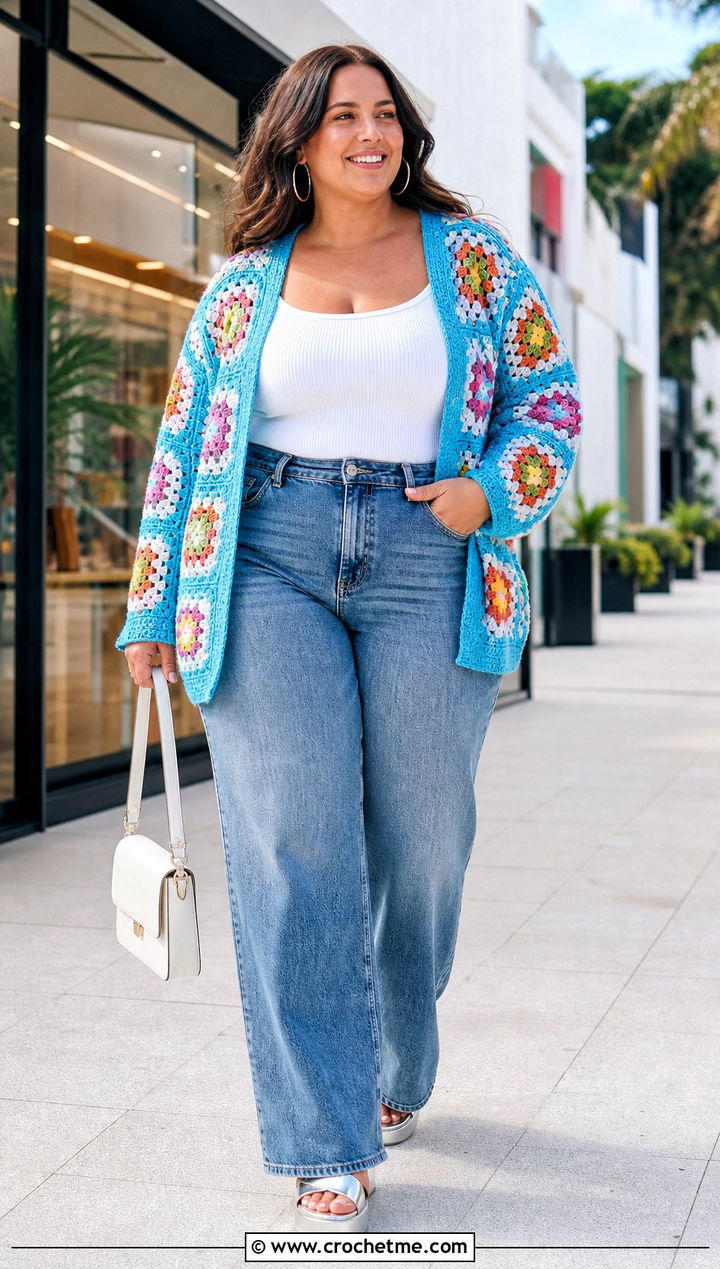 Granny Square Crochet Summer Cardigan With Wide Leg Jeans - 30 plus size crochet summer cardigan outfit ideas