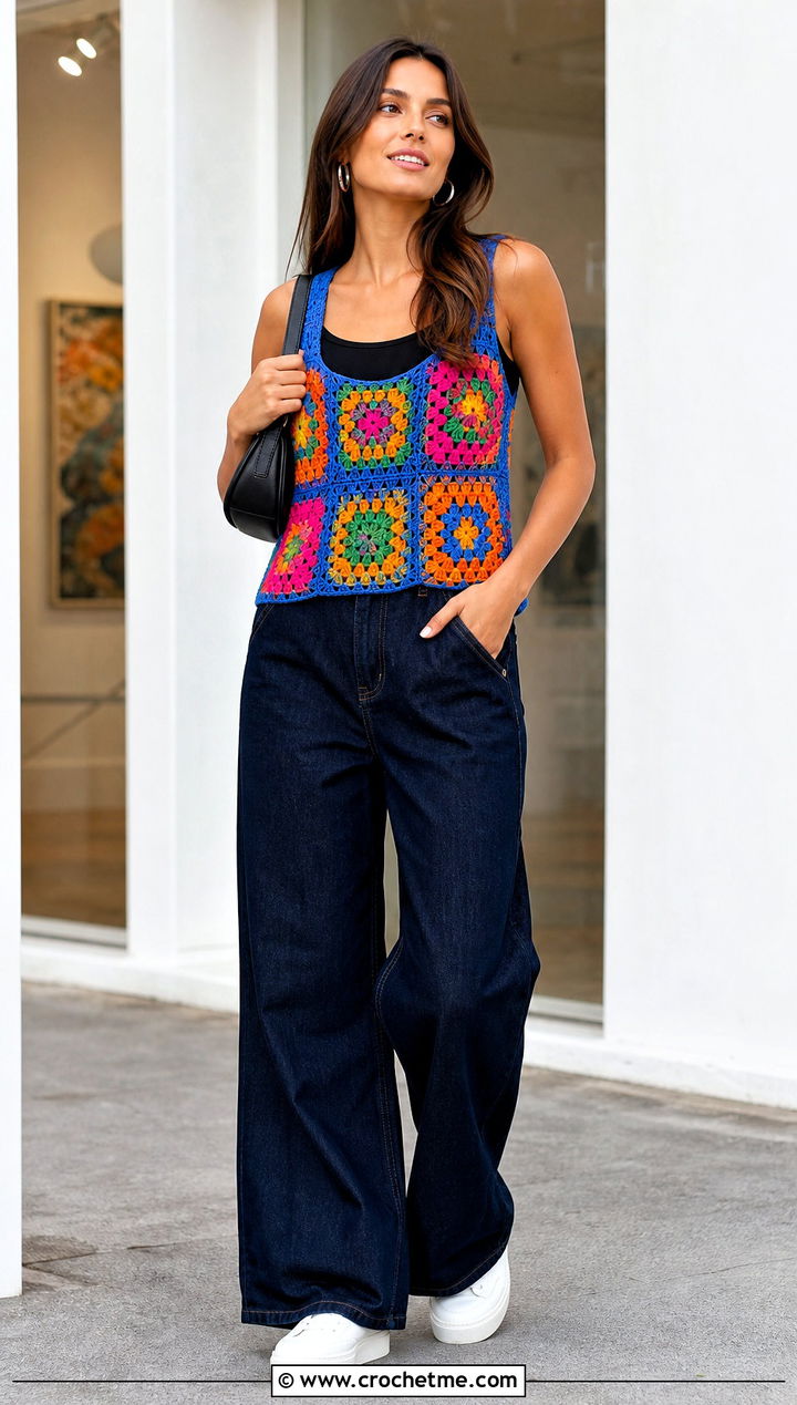 Granny Square Crochet Summer Jumper With Wide Leg Jeans - 20 Crochet Summer Jumper outfit ideas