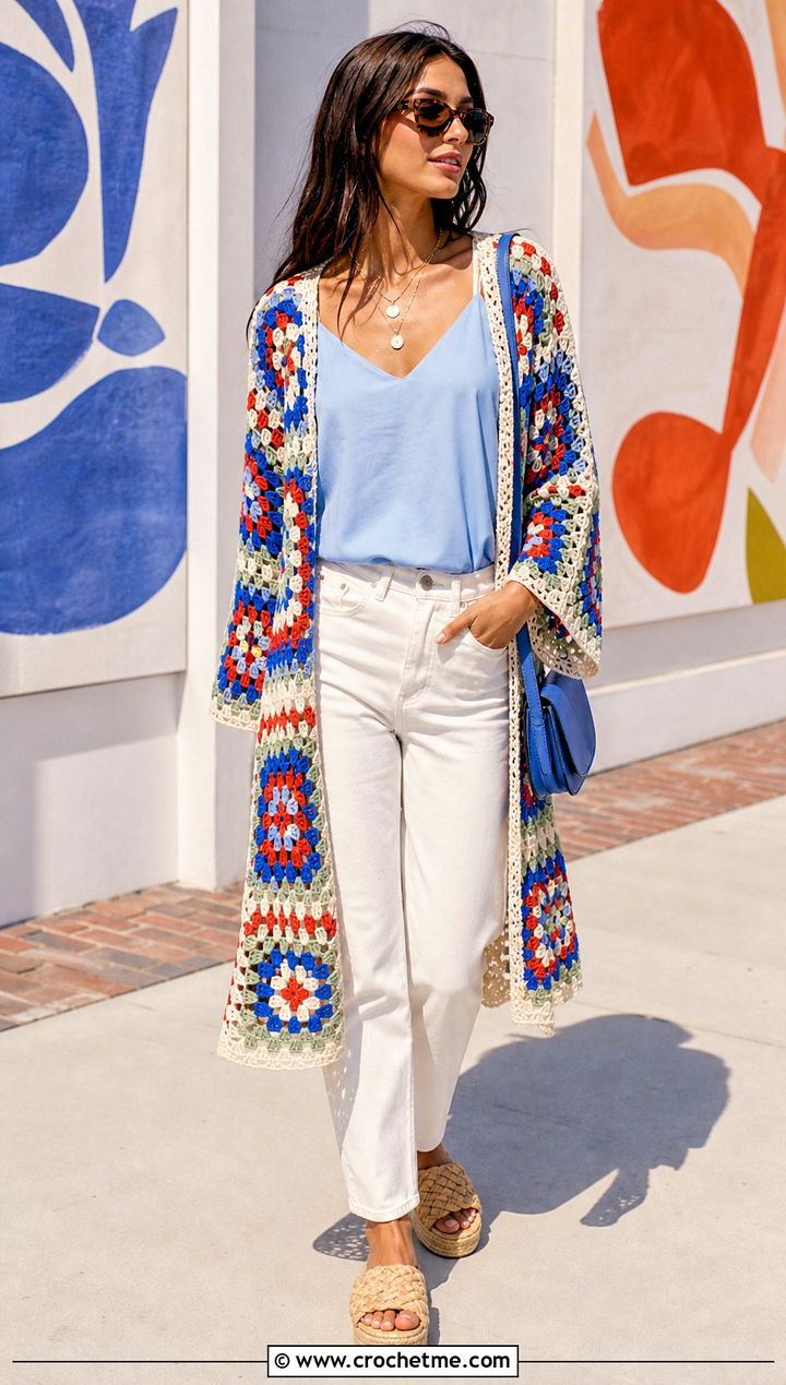 Granny Square Crochet Summer Kimono With White Jeans - 30 crochet summer kimono outfit ideas