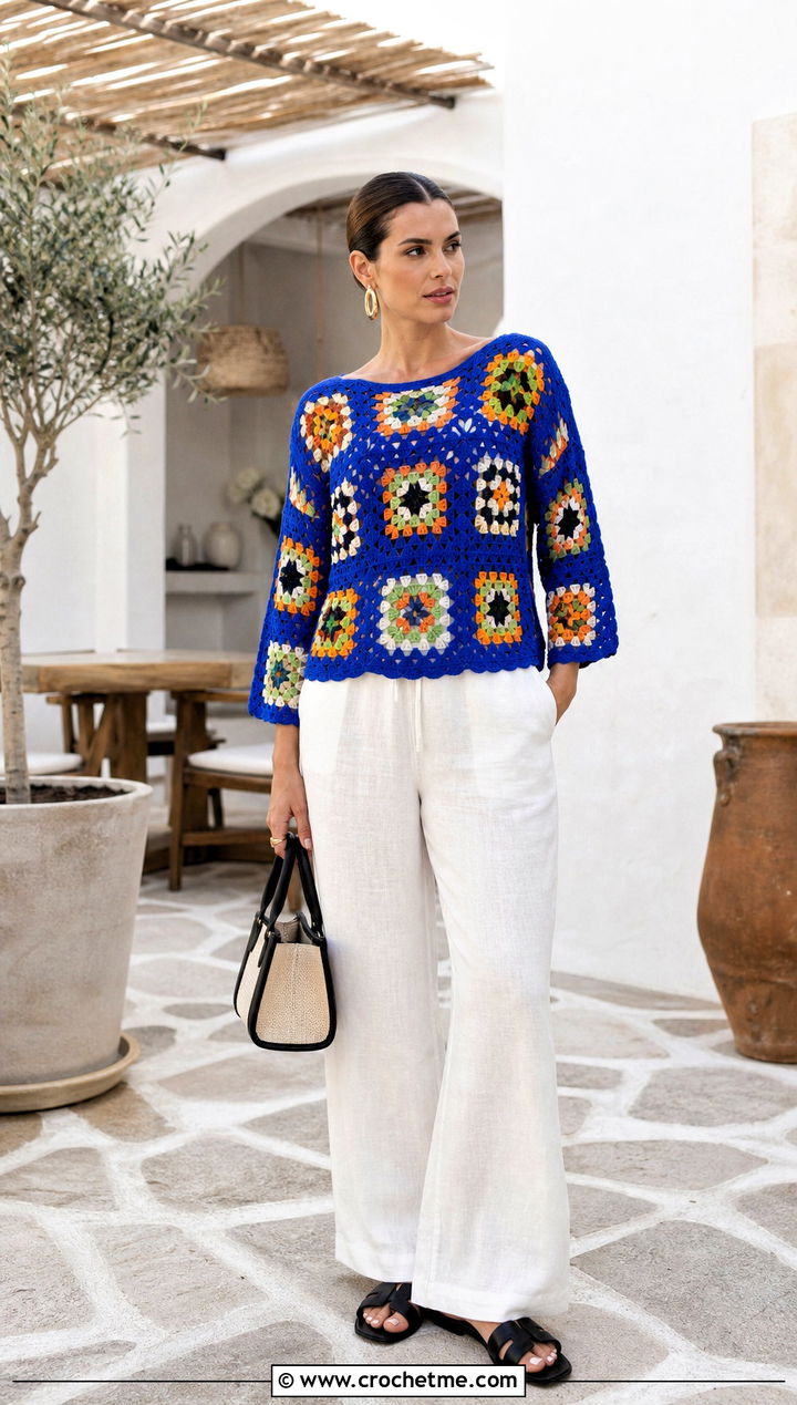 Granny Square Crochet Summer Pullover With Linen Trousers - 25 crochet summer pullover outfit ideas